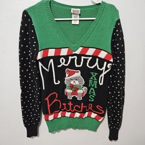 Spencers Naughty Ugly Christmas Sweater Merry Xmas Bitches Small Cat Lady B15